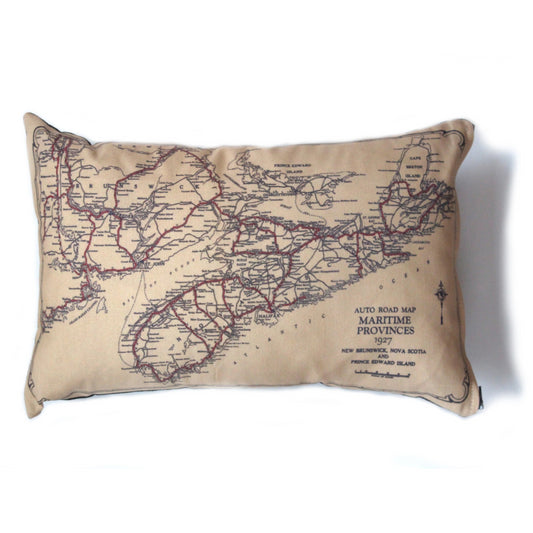 Made in Canada linen pillow case with hand printed vintage road map of the Canadian maritime Provinces Nova Scotia, New Brunswick and PEI.