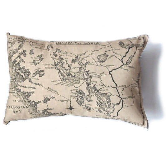 Made in Canada linen pillow case with hand printed vintage map of the Muskoka Lakes District and Georgian Bay in Ontario, Canada.