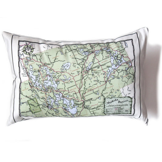 Made in Canada linen pillow case with hand printed vintage road map of the Canadian Muskoka District cottage country in Ontario, Canada.