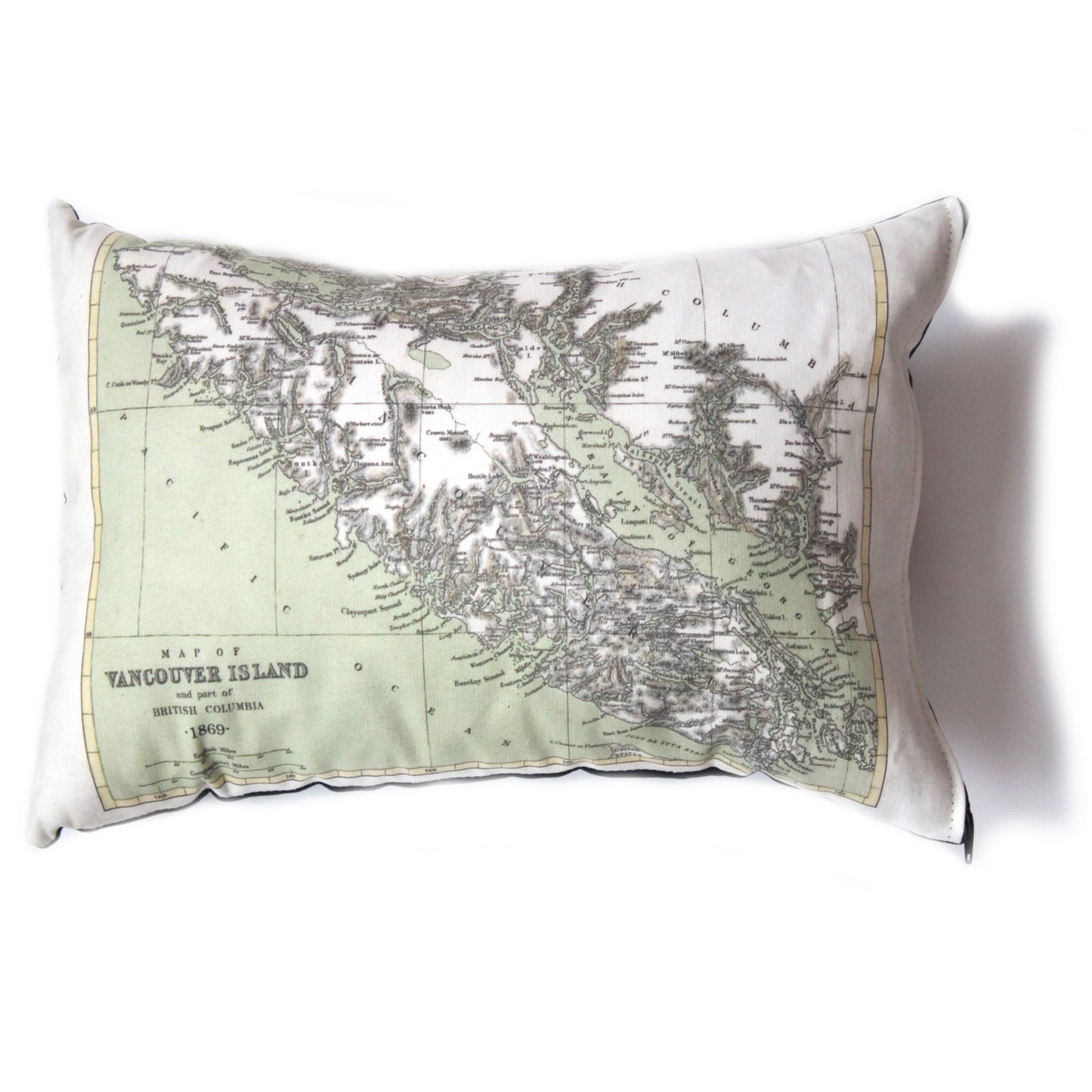 Made in Canada linen pillow case with hand printed vintage map of Vancouver Island in British Columbia, BC.